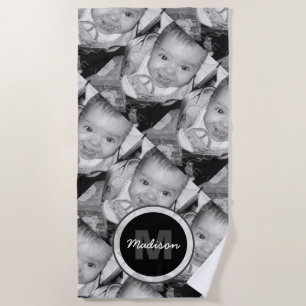 Customise Your Black White photo pattern Monogram Beach Towel