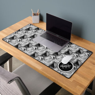 Customise Your Black White photo pattern Monogram  Desk Mat