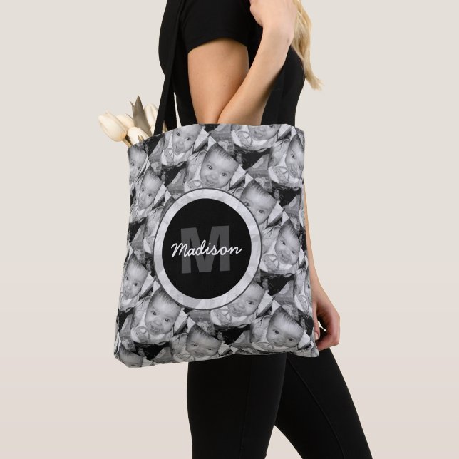 Customise Your Black White photo pattern Monogram Tote Bag (Close Up)