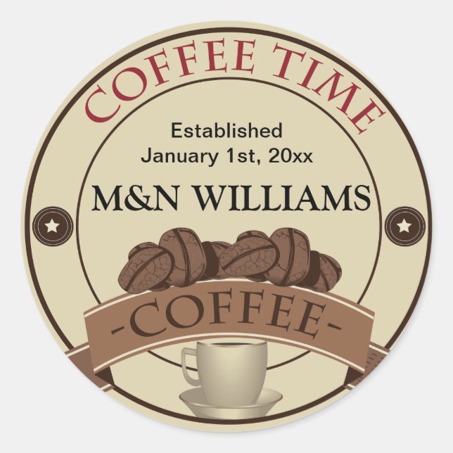 Customise Your Name Coffee Time Logo Classic Round Sticker (Front)