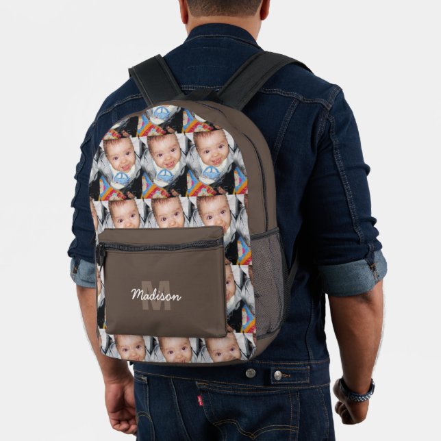 Customise Your photo pattern monogram name brown Printed Backpack (Insitu (Model))