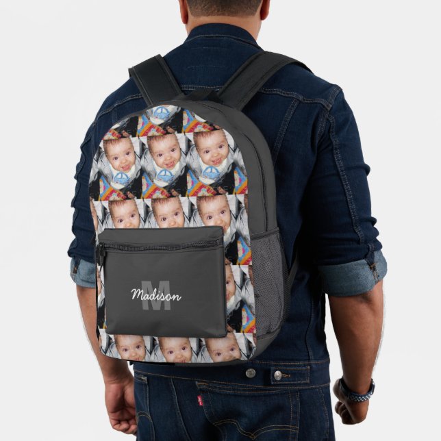 Customise Your photo pattern monogram name Grey Printed Backpack (Insitu (Model))