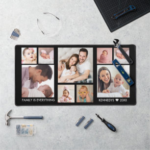 Customised 9 Photo Collage Family Name Quote Black Desk Mat