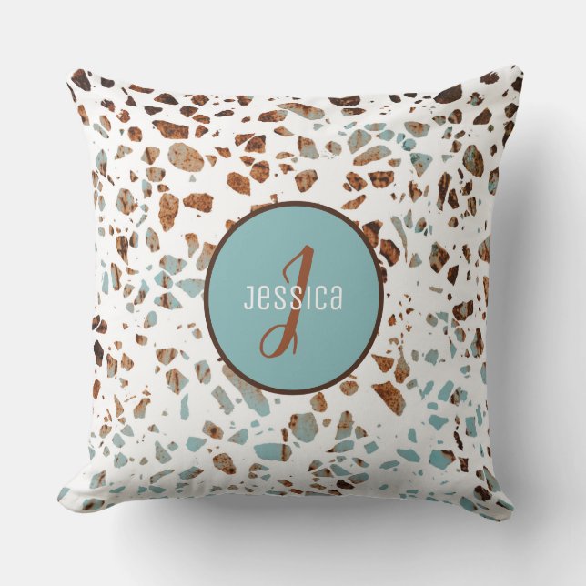 Customised Abstract Terrazzo Brown & Blue Pattern Cushion (Front)