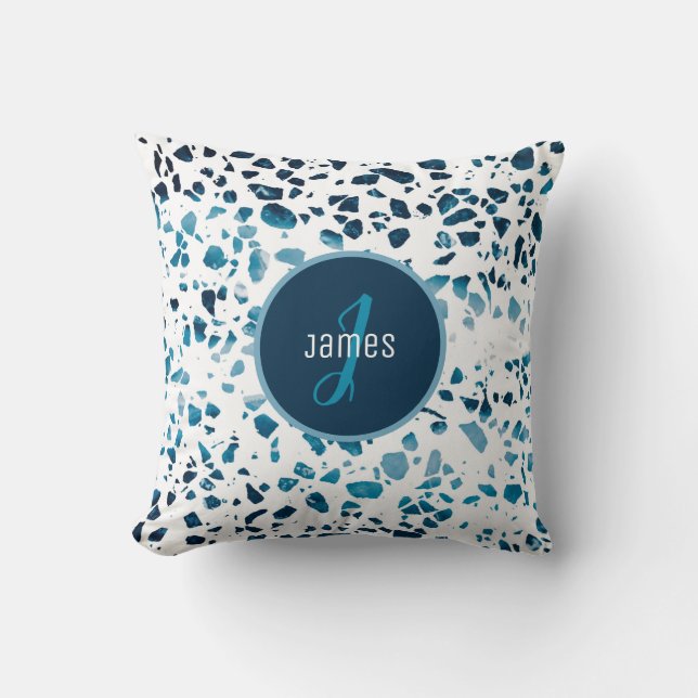 Customised Abstract Terrazzo Mosaic Blue Pattern  Cushion (Front)