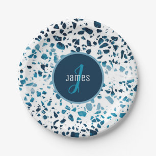 Customised Abstract Terrazzo Mosaic Blue Pattern Paper Plate