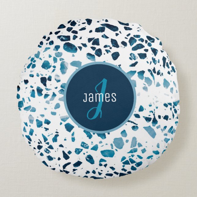 Customised Abstract Terrazzo Mosaic Blue Pattern   Round Cushion (Front)