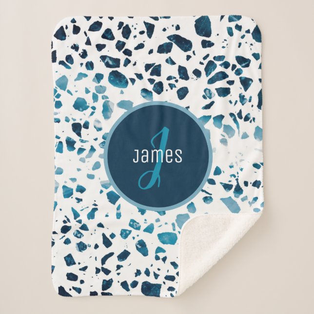Customised Abstract Terrazzo Mosaic Blue Pattern  Sherpa Blanket (Front)