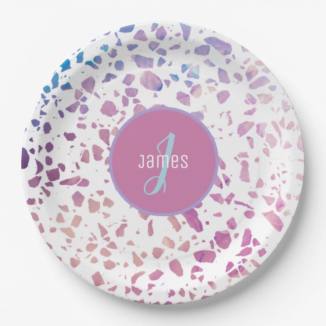 Customised Abstract Terrazzo Pink & Blue Pattern Paper Plate (Front)