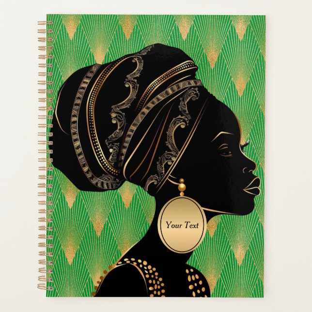 Customised African American Woman Green Black Gold Planner (Front)
