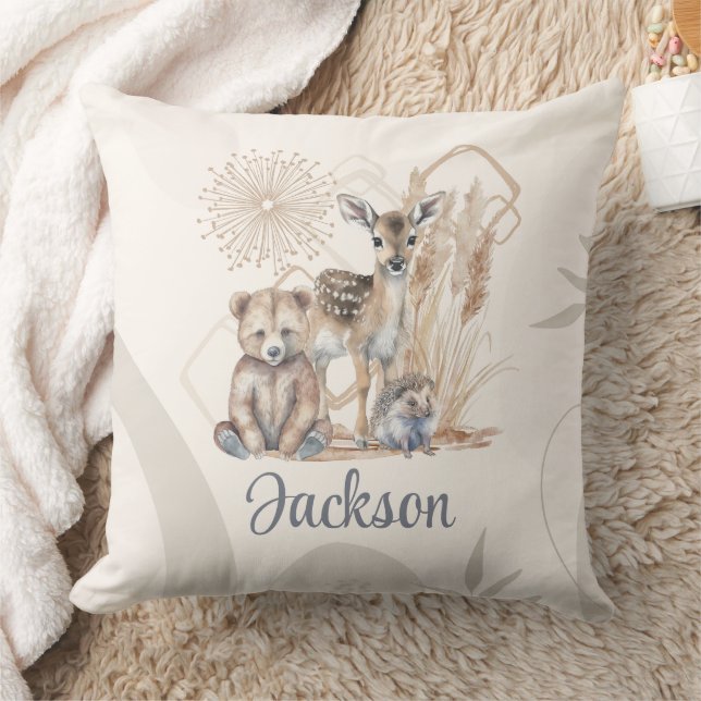 Customised Baby Name Boho Bear Deer Gender Neutral Cushion (Blanket)