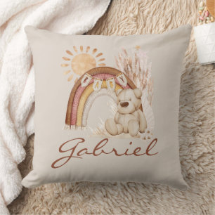 Customised Baby Name Boho Bear Rainbow Sunshine Cushion