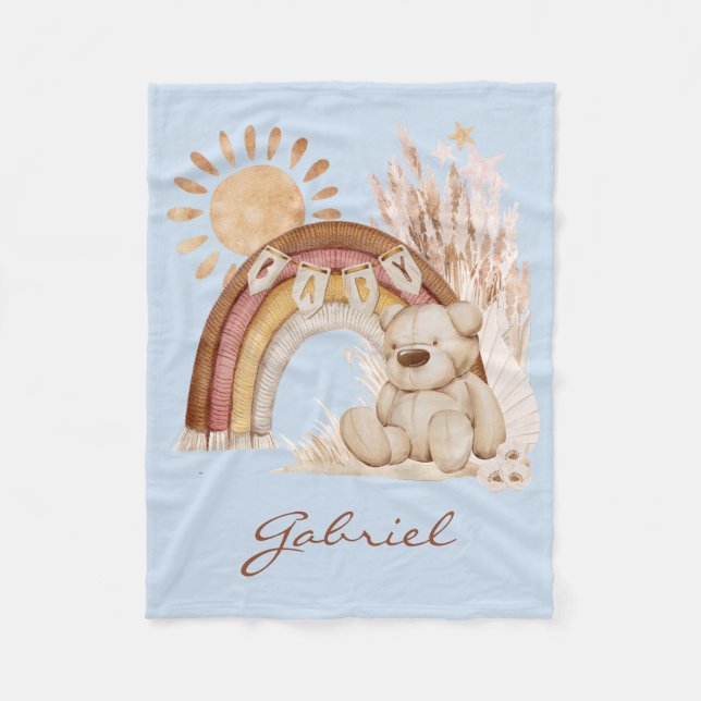 Customised Baby Name Boho Teddy Bear Rainbow Fleece Blanket (Front)