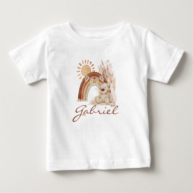 Customised Baby Name Boho Teddy Bear Rainbow T-Shirt (Front)