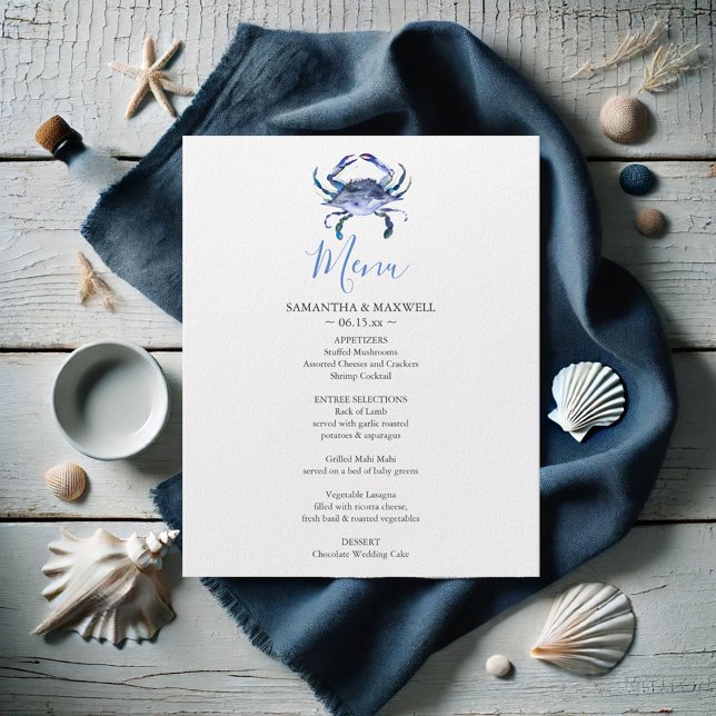 Customised Beach Wedding Menu Budget (Blue crab printed menu watercolor art by Victoria Grigaliunas Do Tell A Belle)