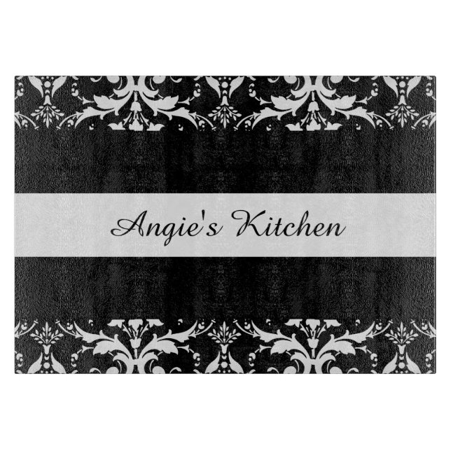 Customised Black and White Damask Kitchen Gadget Cutting Board (Front)