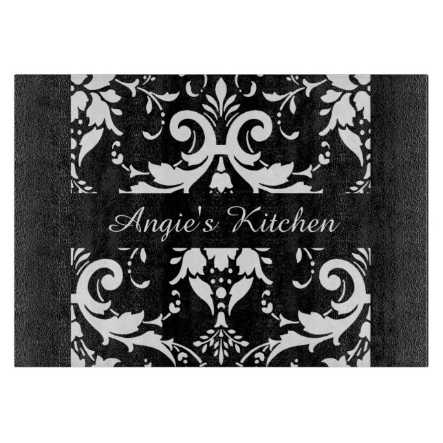 Customised Black and White Damask Kitchen Gadget Cutting Board (Front)