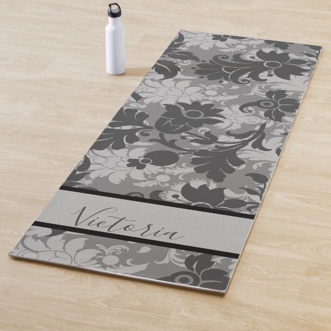 Customised Black Grey Floral Damask Name Yoga Mat (In Situ)