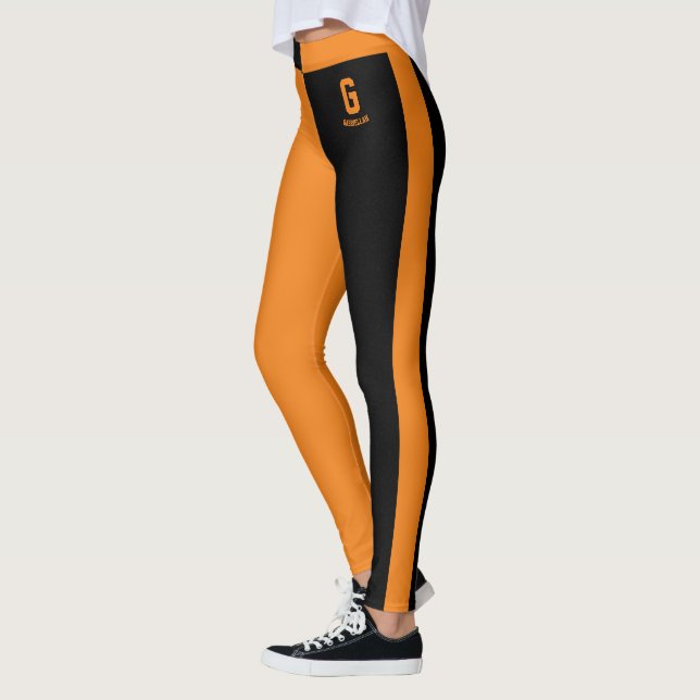 Customised Black Tangerine Orange Stripes Monogram Leggings (Left)