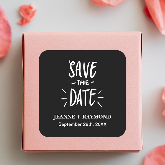 Customised Black Typography Wedding Save the Date Square Sticker (Creator Uploaded)