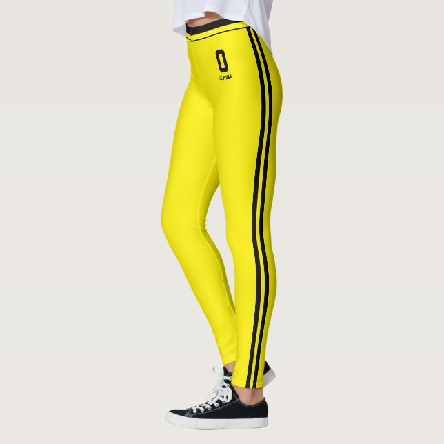Customised Blazing Yellow Black Stripes Monogram Leggings (Left)
