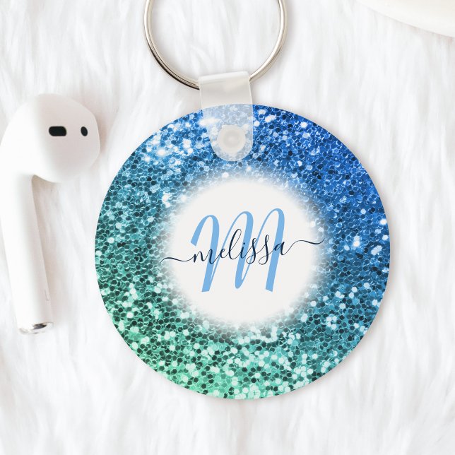 Customised Blue Glitter Mermaid Monogram Name Key Ring (Creator Uploaded)