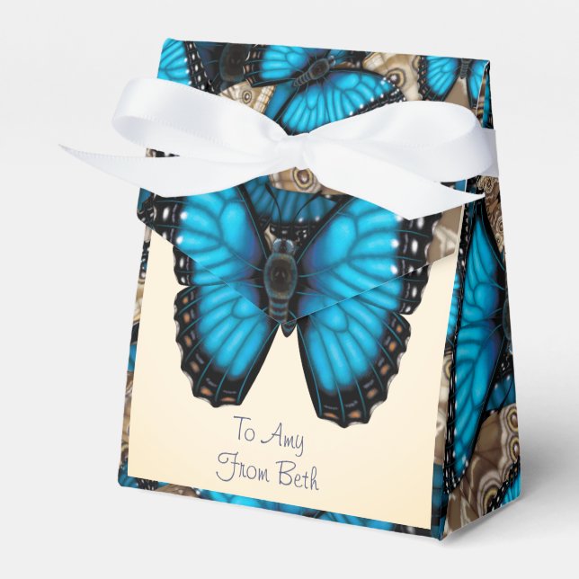 Customised Blue Morpho Butterfly Swirl Favour Box (Front Side)