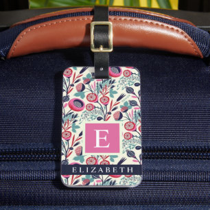 Customised Blue Pink Floral White Flowers Luggage Tag