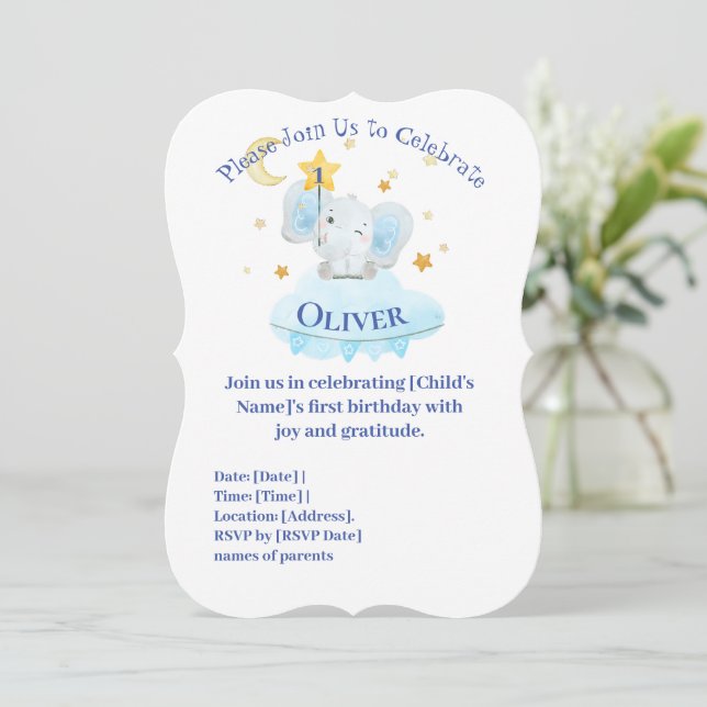 Customised bluebaby elephant birthday invitation (Standing Front)