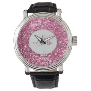 Customised Blush Pink Pretty Glitter Monogram Name Watch