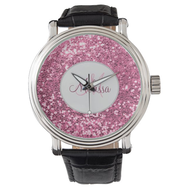 Customised Blush Pink Pretty Glitter Monogram Name Watch (Front)