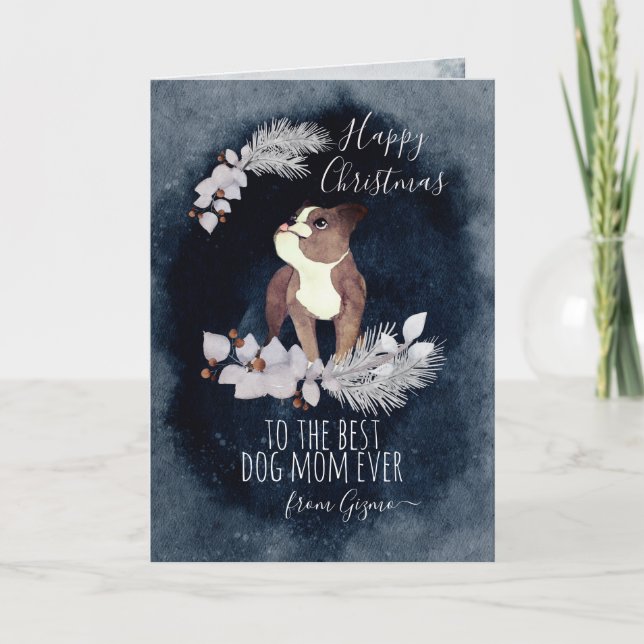 Customised Boston Terrier Mum Watercolor Christmas Holiday Card (Front)
