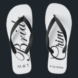 Customised Bride Elegant White Flip Flops<br><div class="desc">Customised Bride Elegant White Flip Flops Have fun after your wedding in a pair of stylish modern bride flip flops. "Bride" in large black script on white background with first initial of bride and groom names. Last name and wedding date customised on right shoe. Great fashion choice for casual wear...</div>