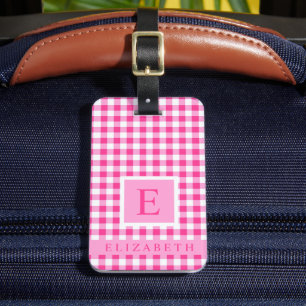 Customised Bright PInk White Chequered Pattern Luggage Tag