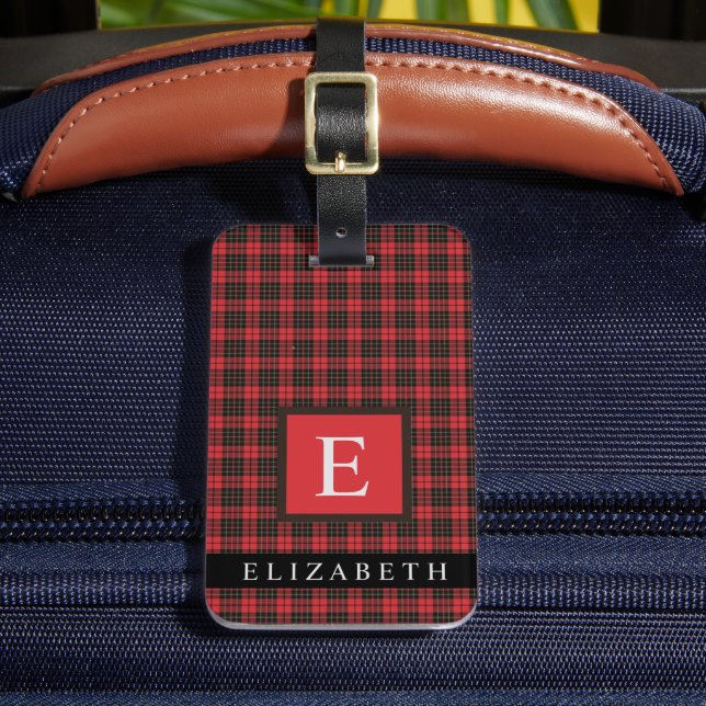 Customised Bright Red Black Chequered Pattern Luggage Tag (Front Insitu 2)