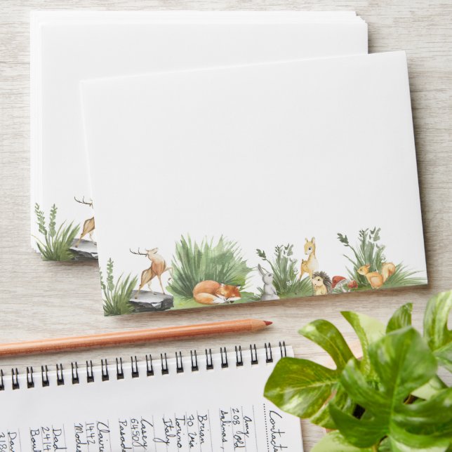 Customised Brown Baby Deer & Forest Friends Invite Envelope (Stacked)