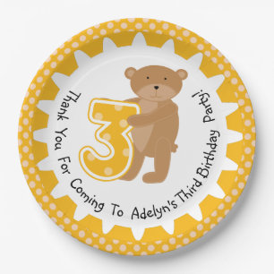 Customised Brown Bear 3rd Birthday Paper Plates