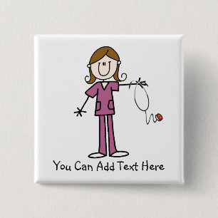 Customised Brown Hair Stick Figure Nurse Button