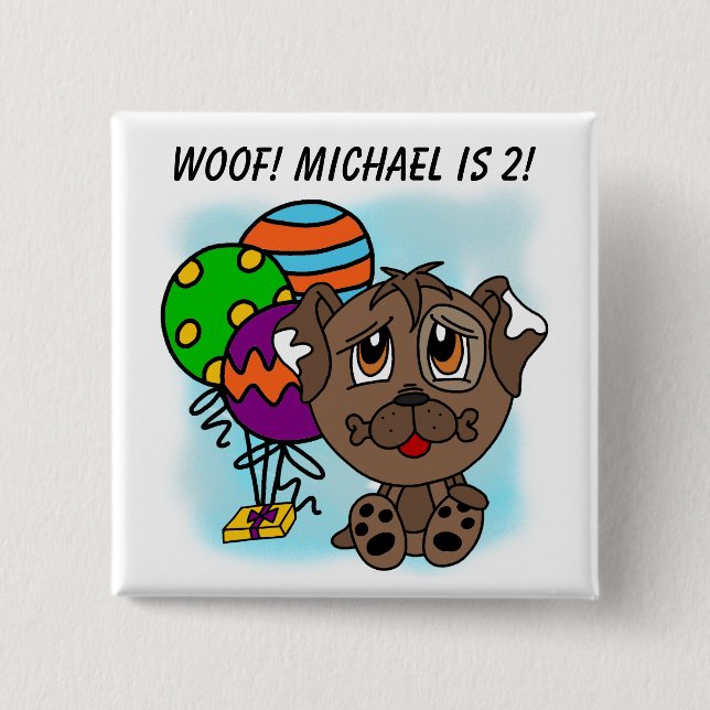 Customised Brown Puppy Dog Birthday Button (Front)