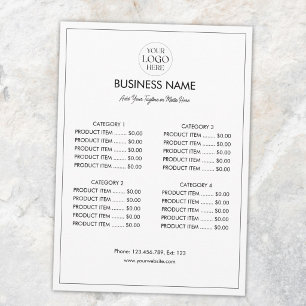 Customised Business Logo Modern Menu Price List 