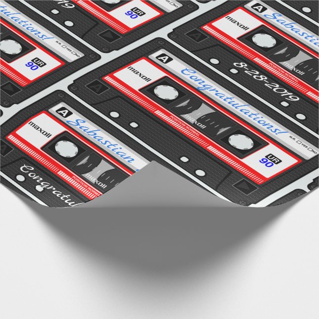 Customised Cassette Mixtape Custom Name, Occasion Wrapping Paper (Corner)