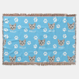 Customised Cat Pet Photo & Name Blue Throw Blanket