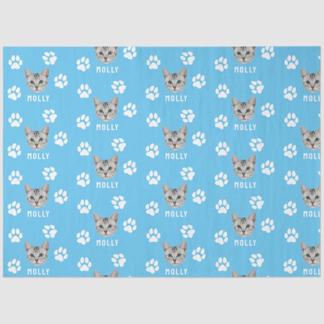 Customised Cat Pet Photo & Name Blue Tissue Paper (Front)
