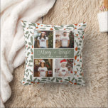Customised Christmas 4 Photo Collage Cushion<br><div class="desc">Simple modern 4 photo family Christmas holiday throw pillow keepsake with a cute painted Christmas red berries and foliage background. Create a combination of photos with mum, dad, pets, then add your names underneath the merry bright in script font, at the centre of your photo composition. Be creative with different...</div>