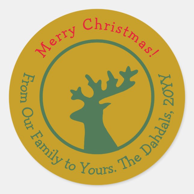 Customised Christmas Reindeer Head Green Red Gold  Classic Round Sticker (Front)