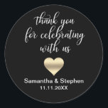 Customised Classic Gold Heart Black White Wedding Classic Round Sticker<br><div class="desc">Classy black and white colours wedding stickers/labels for your gifts. Script calligraphy letters. Faux gold heart to add a little touch of class ! Personalise as you wish.  BACKGROUND COLOR can be CHANGED to match your wedding colour hues.</div>