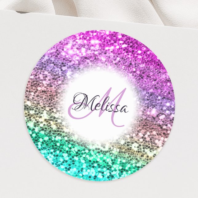Customised Colourful Glitter Mermaid Monogram Name Classic Round Sticker (Creator Uploaded)