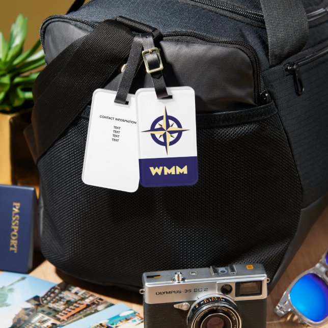 Customised Compass Rose Blue & Gold Luggage Tag (Front & Back)