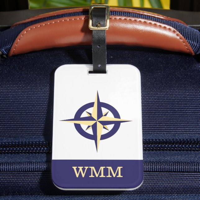 Customised Compass Rose Blue & Gold Luggage Tag (Front Insitu 2)