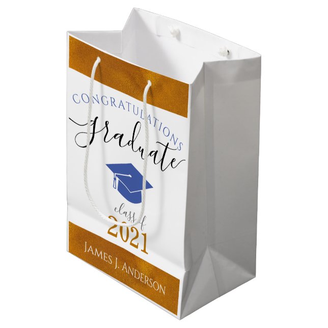 Customised Congrats Graduate Class Year Blue/Gold Medium Gift Bag (Front Angled)